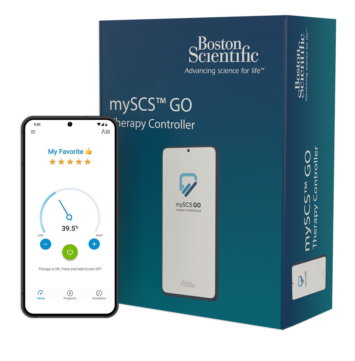 A mySCS GO Therapy Controller next to a smartphone displaying therapy settings in the app. 