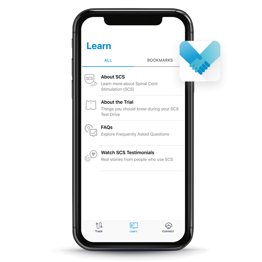 Mobile mySCS App screen showing 'Learn' section about Spinal Cord Stimulation with options for FAQs and testimonials.