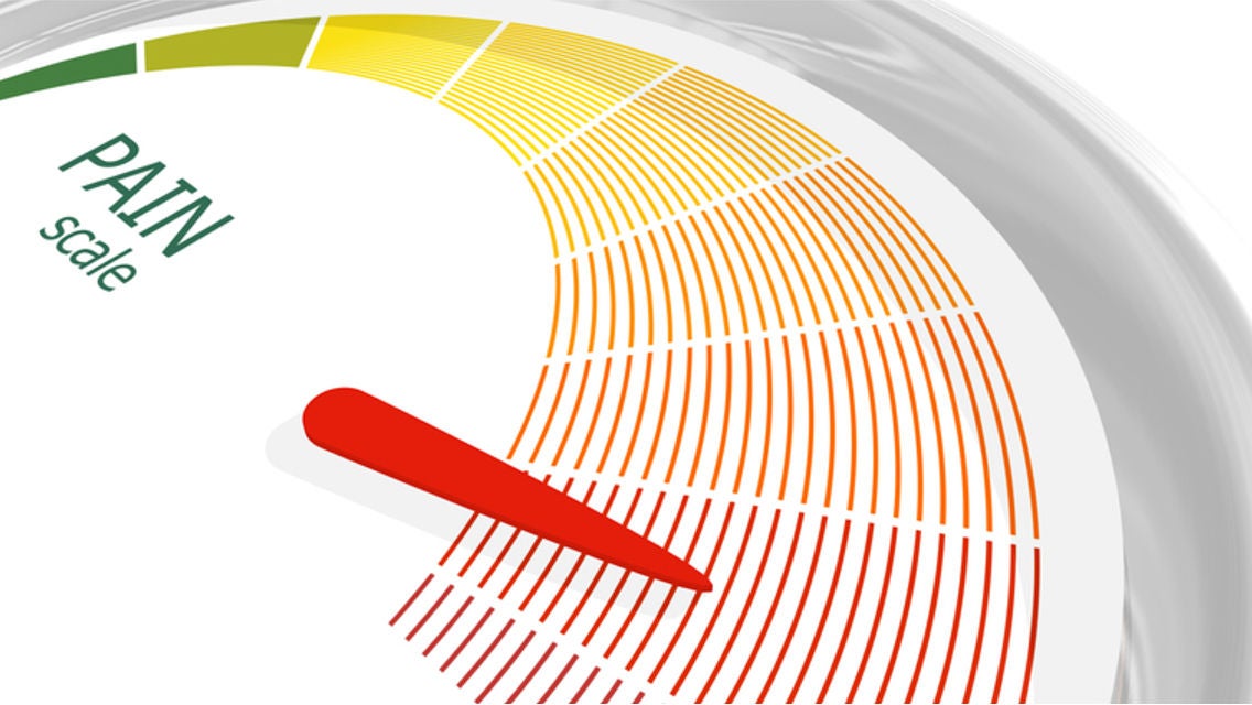 A pain scale gauge showing green, yellow, orange, and red levels with an arrow pointing to a high pain level.