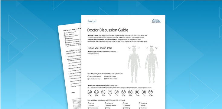 A doctor discussion guide with pain assessment questions and a body map.