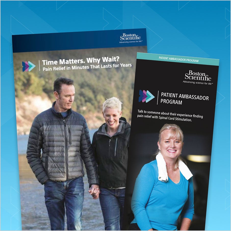 Brochures promoting pain relief with SCS and the Patient Ambassador program by Boston Scientific.
