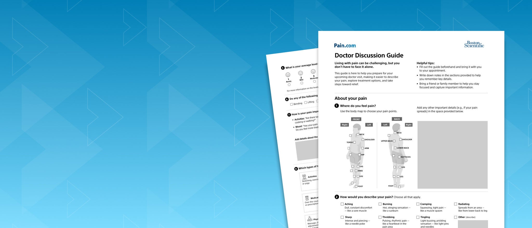 A doctor discussion guide with pain assessment questions and a body map.