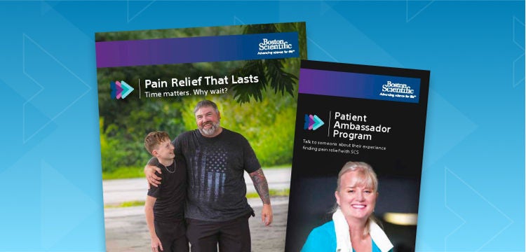 Brochures promoting pain relief with SCS and the Patient Ambassador program by Boston Scientific. 