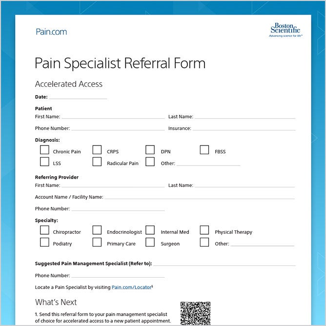 A referral form for pain specialists with sections for patient details, diagnosis, and provider information.