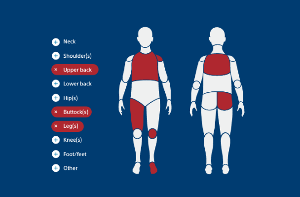 Pain quiz with selected areas of body.
