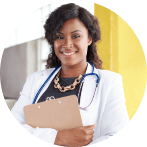 A female physician holding a clipboard.