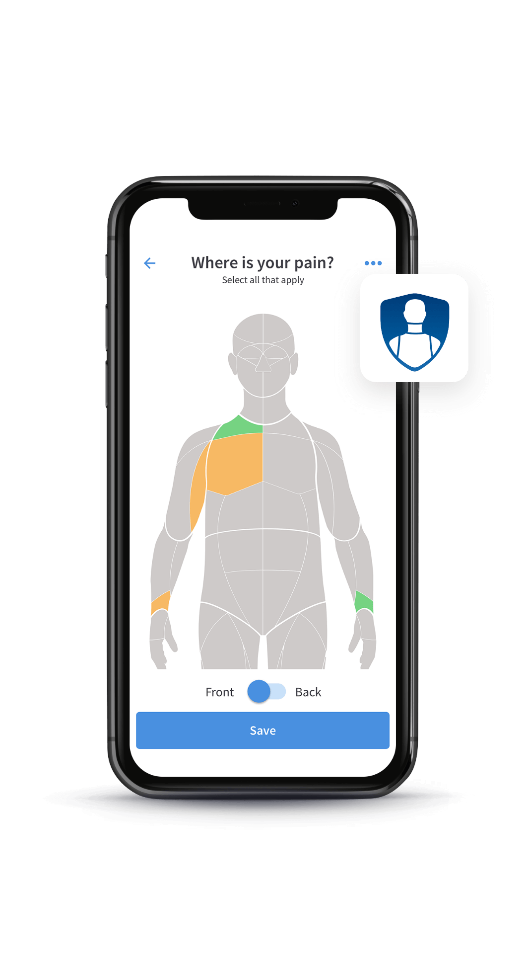 The pain location selection screen in the Painscale app.