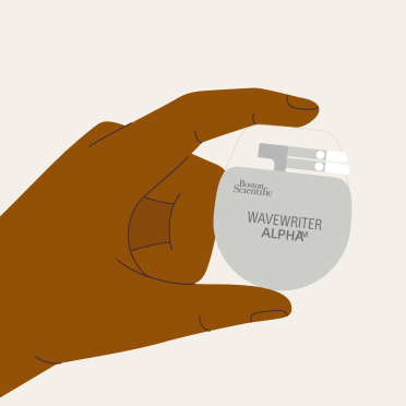 A hand holding a Boston Scientific WaveWriter Alpha device.