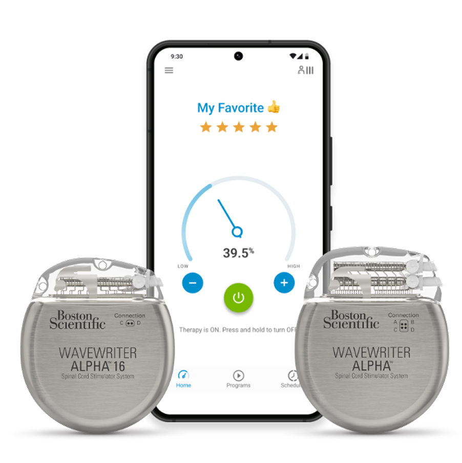 Two Boston Scientific WaveWriter Alpha 16 devices beside a smartphone showing therapy settings. 