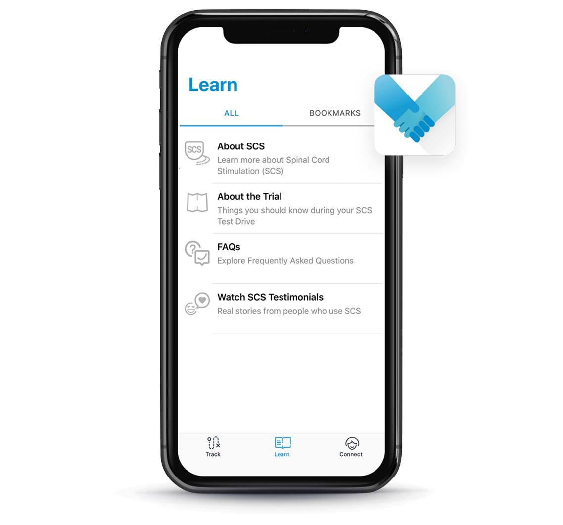 ​Mobile mySCS App screen showing 'Learn' section about Spinal Cord Stimulation with options for FAQs and testimonials.​ 