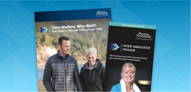 Brochures promoting pain relief with SCS and the Patient Ambassador program by Boston Scientific. 