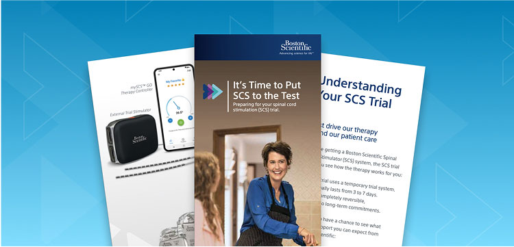 Brochure promoting SCS trial featuring a smiling person.