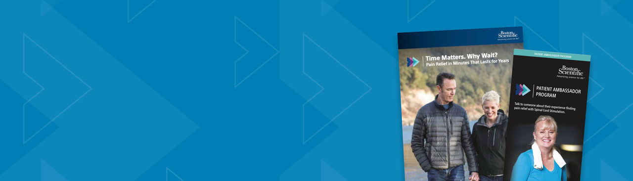 Brochures promoting pain relief with SCS and the Patient Ambassador program by Boston Scientific.