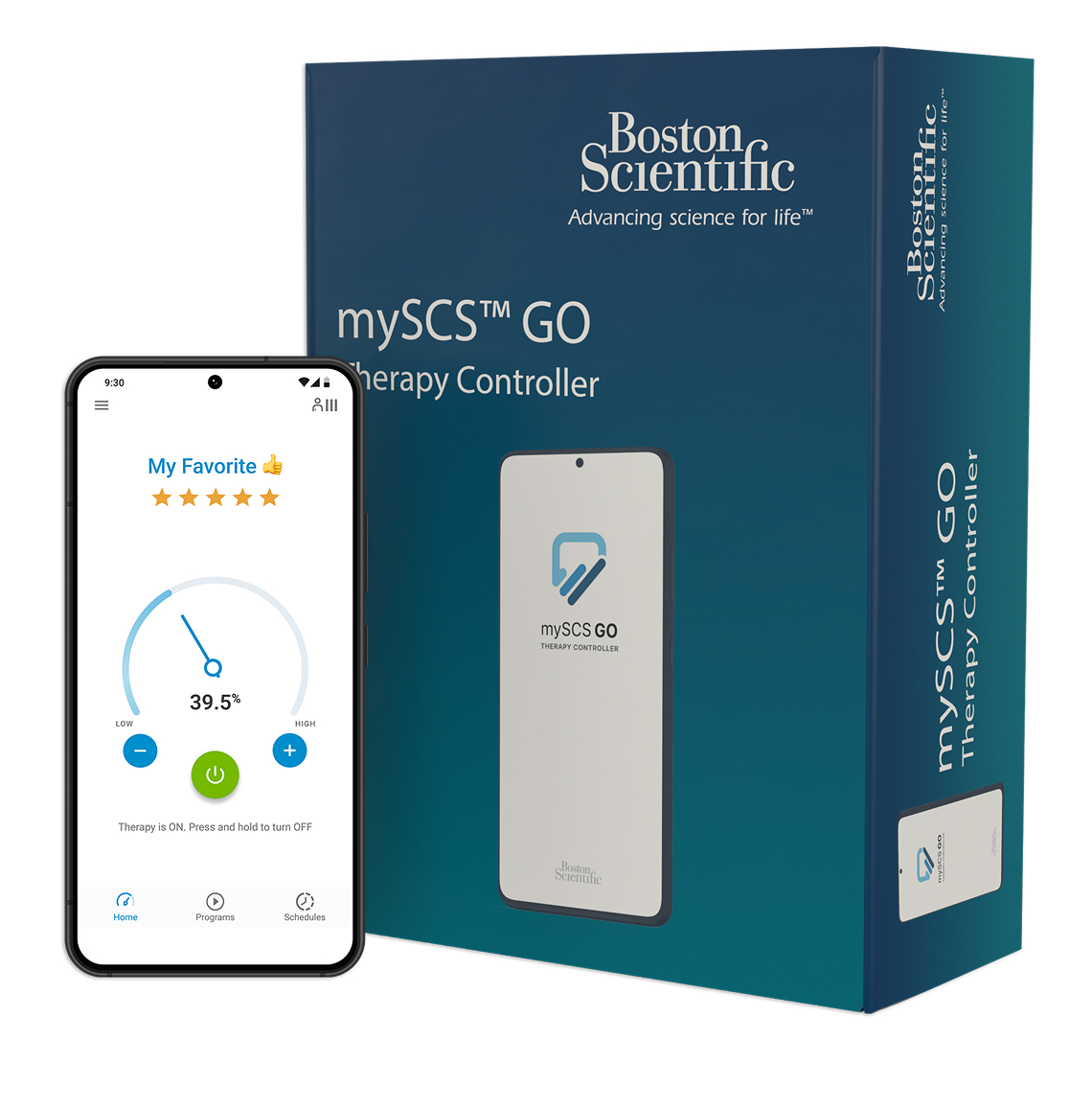 A mySCS GO Therapy Controller next to a smartphone displaying therapy settings in the app. 