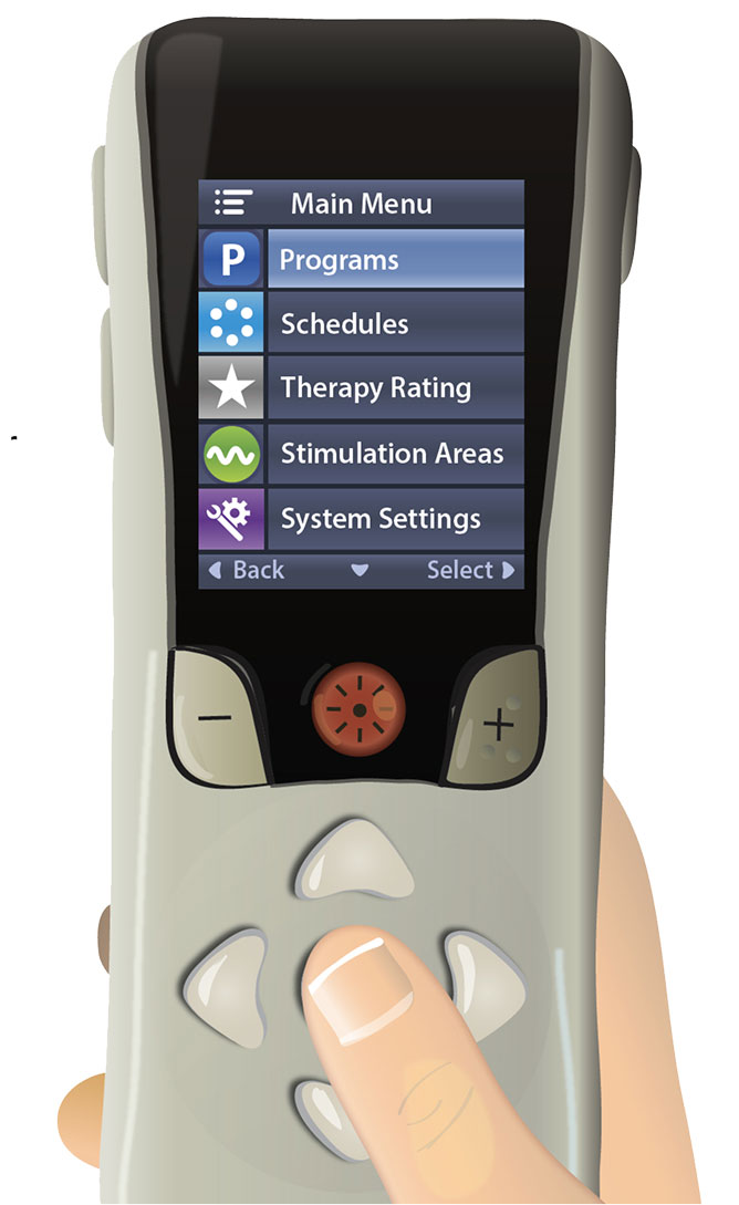 A hand holds an SCS remote control with the screen displaying menu options.