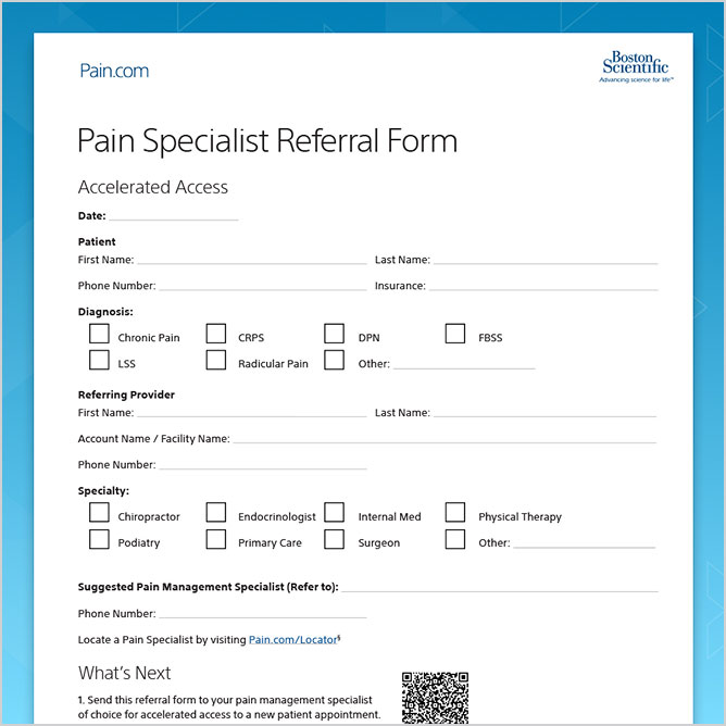 A referral form for pain specialists with sections for patient details, diagnosis, and provider information.