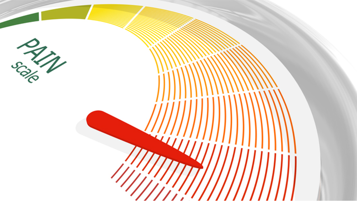 A pain scale gauge showing green, yellow, orange, and red levels with an arrow pointing to a high pain level.